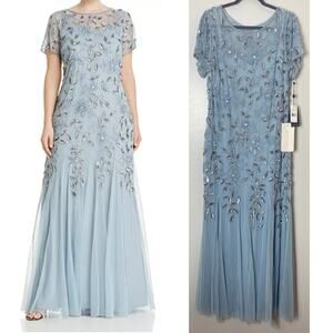 ADRIANNA PAPELL DRESS MOTHER OF THE BRIDE BLUE SEQUIN FLORAL LONG ELEGANT BLING